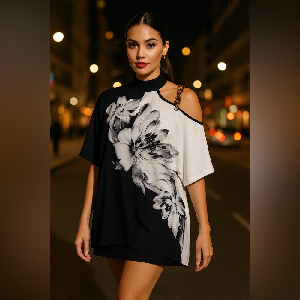 Chic Off-Shoulder Black and White Floral Blouse